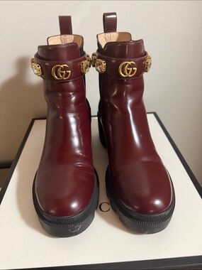 Gucci Burgundy Leather Ankle Boots with Gold GG & Jeweled Straps Vintage Bordeau
